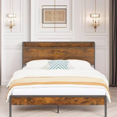 Metal Bed Frame with Charging Station and Slats