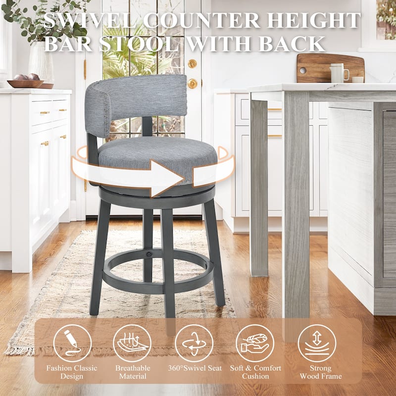 Modern Velvet Swivel Bar Stool - 25" or 30" Counter Height with Adjustable Footrest & Walnut Base, for Kitchen Islands