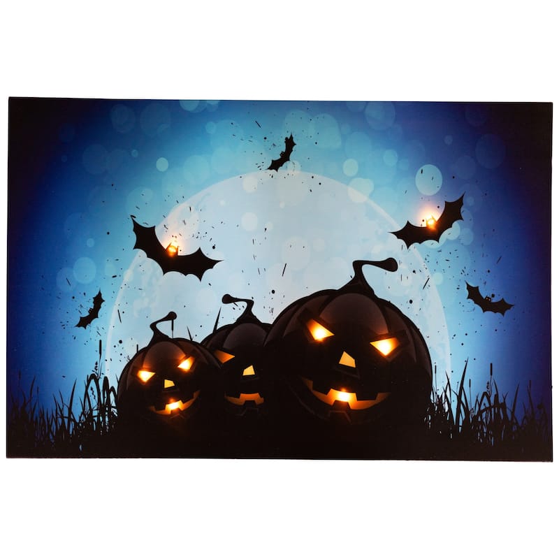 LED Lighted Jack-O-Lanterns Bats Halloween Canvas Wall Art 23.5 x 15.5