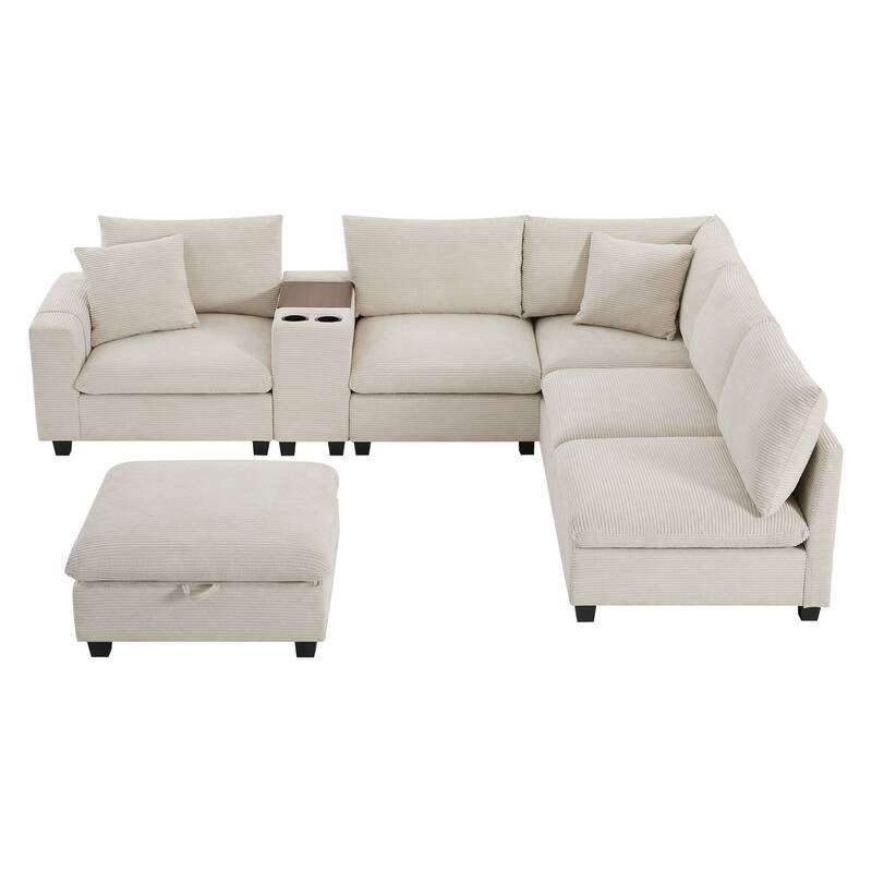 140" Corduroy U-Shaped Modular Sectional Sofa with Storage Ottoman & Console,and USB Charger, Cup Holders & 30" Wide Seats