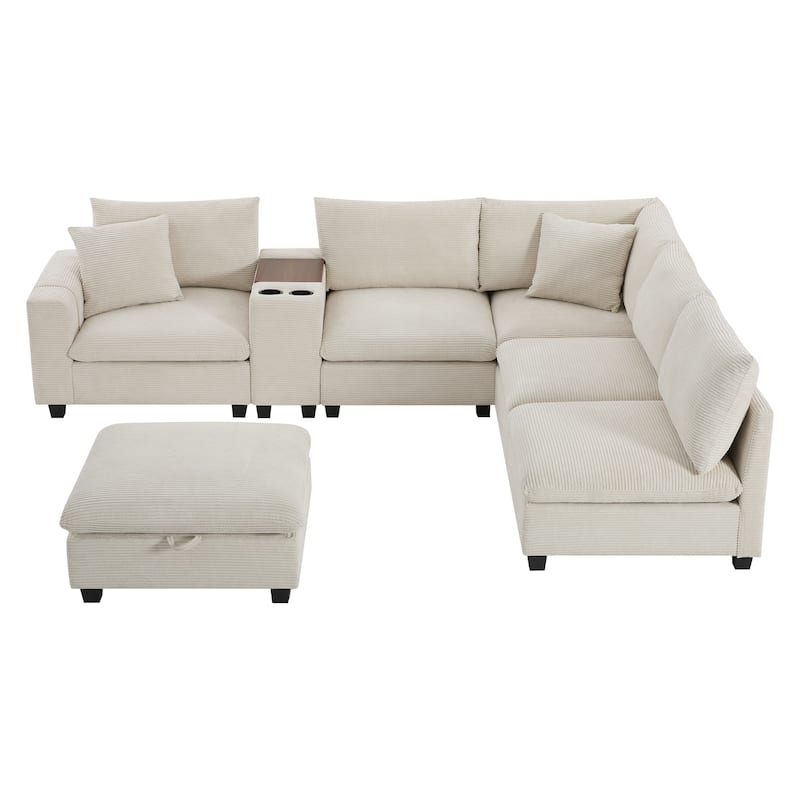 U Shaped Chenille Sofa w/Ottoman,Console,Cup Holder,Wide Seat,USB