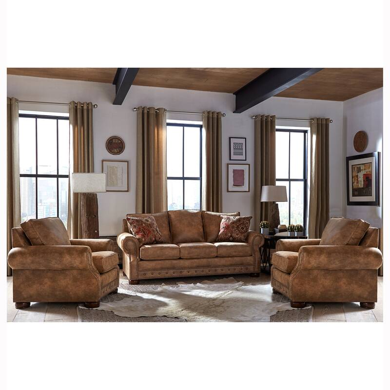 Made in USA Rancho Rustic Brown Buckskin Fabric Sofa and Two Chairs Set