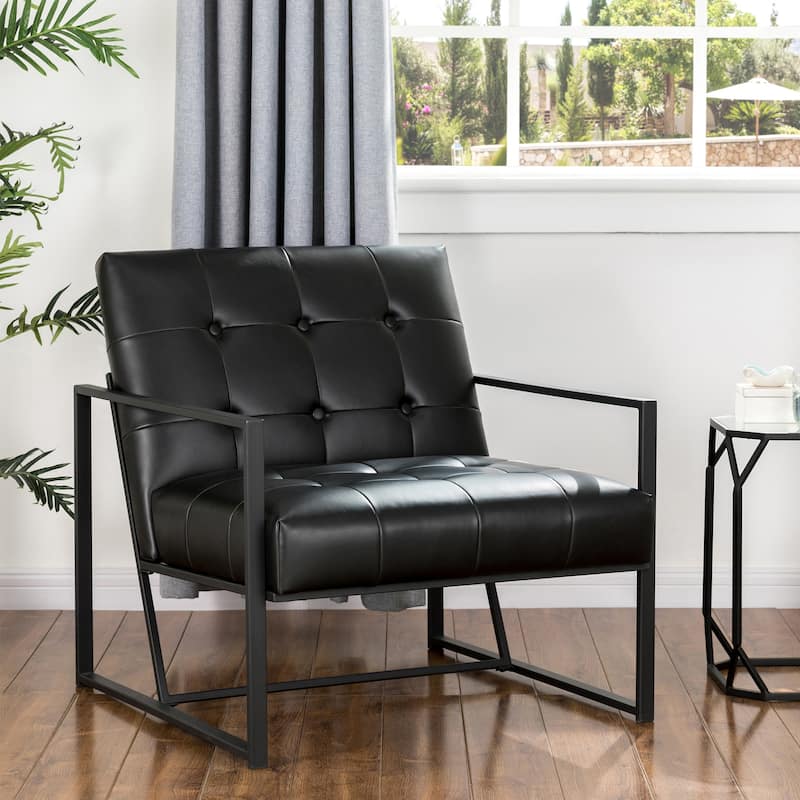 Glitzhome 29.50"W Mid-Century PU Leather Tufted Accent Chair - 29.5"W x 30.5"H x 29.25"D - Black