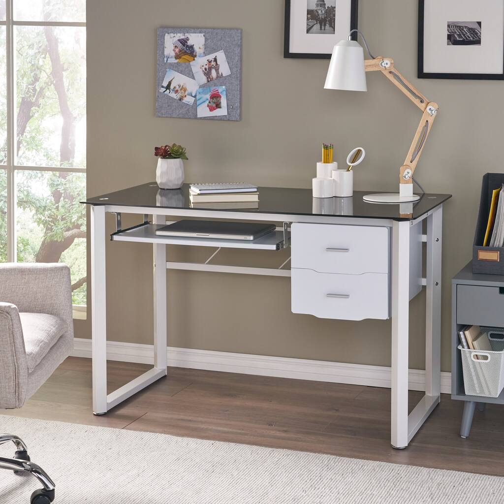 Reeve Tempered Glass Computer Desk with Storage Drawers by Christopher Knight Home
