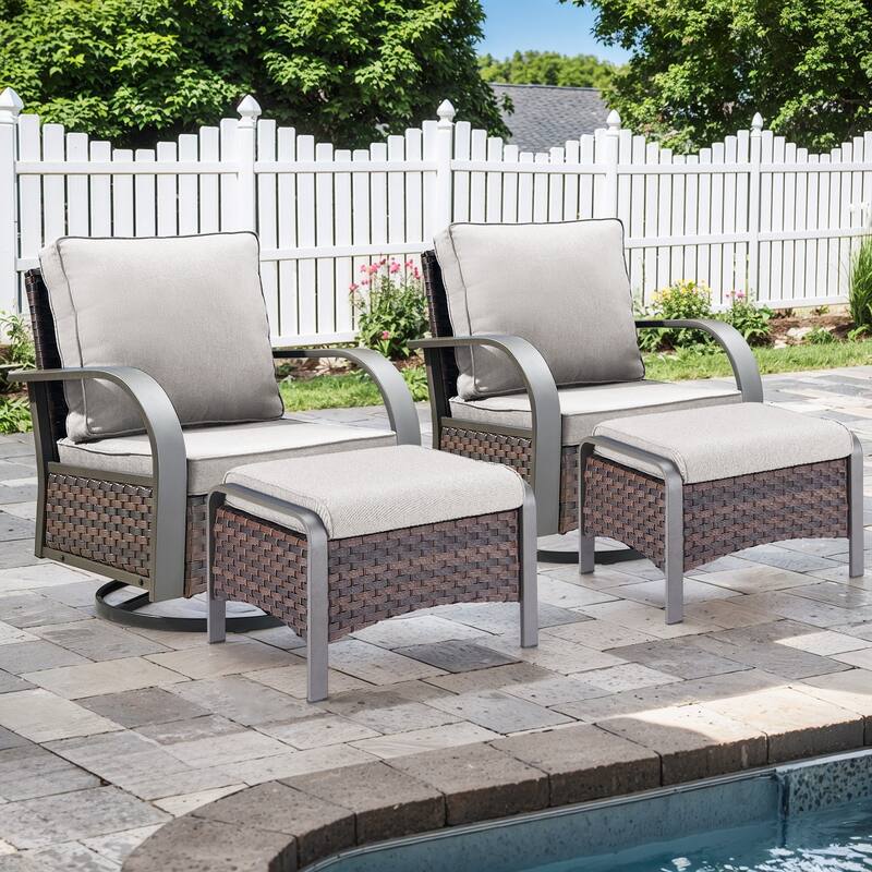 Outdoor PE Wicker Patio Furniture Set - Brown Rattan - Beige Cushion - 4PCS Swivel Chair with Ottoman