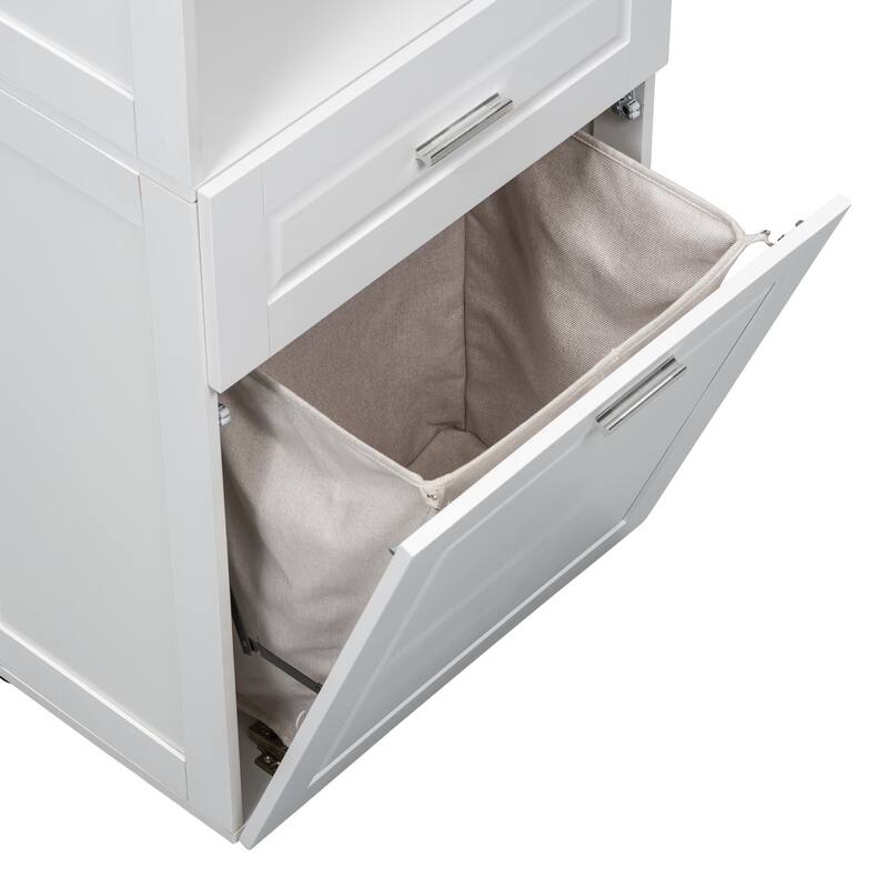 Freestanding Tall Bathroom Double Door Storage Cabinet with Removable Laundry Basket, Open Shelf, Drawer and Adjustable Shelf