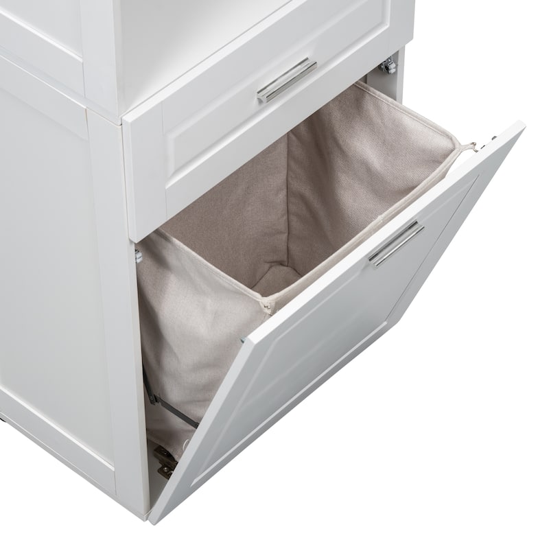 Tall Bathroom Cabinet with Tilt-Out Laundry Basket and Upper Storage Cabinet