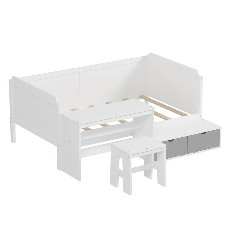 White Twin Size Multi-functional Daybed with Storage, Study Desk, and Stool