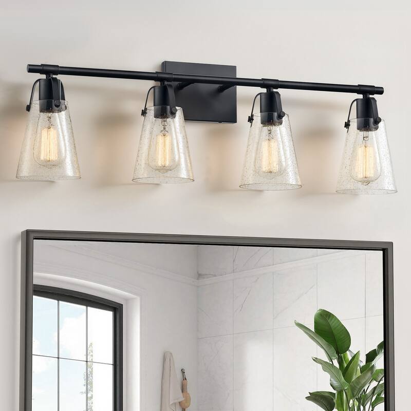 Modern Vanity Light Wall Mount Sconces with Glass Shade - 4-Light - Black