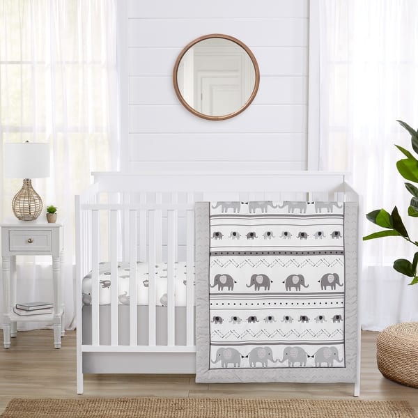 slide 2 of 6, Sweet Jojo Designs Grey and White Boho Bohemian Elephant Boy Girl Gender Neutral 3p Nursery Crib Bedding Set Gray Safari Animals