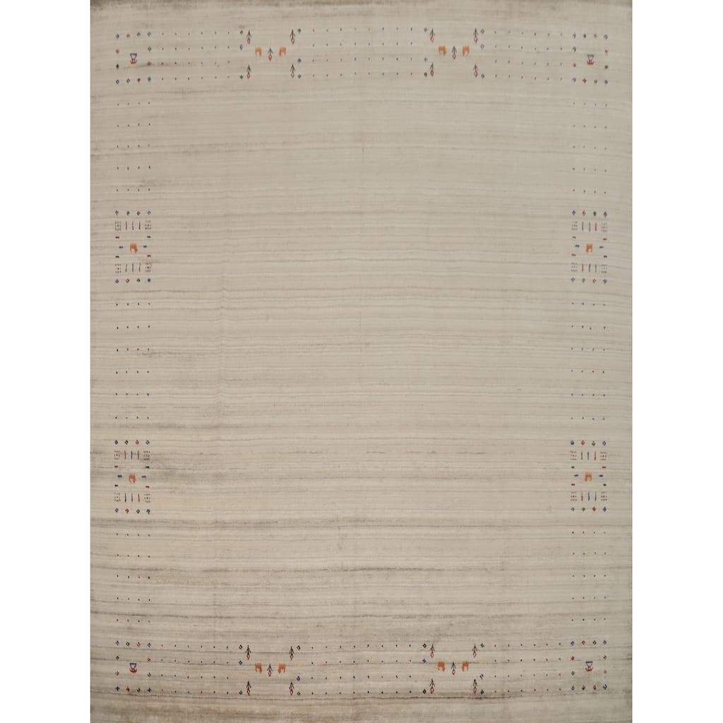 Hand Knotted Oriental Viscose Silk Carpet Tribal Animal Pictorial Beige & Ivories Gabbeh Area Rug - 9' 10'' X 10' 2''