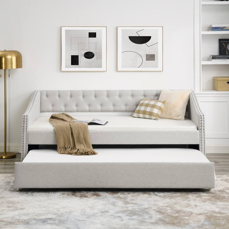 Modern Twin Size Daybed with Button Tufted Back, Wood Frame Upholstered Sofa Bed with Casters, Copper Nail Decorative Armrests