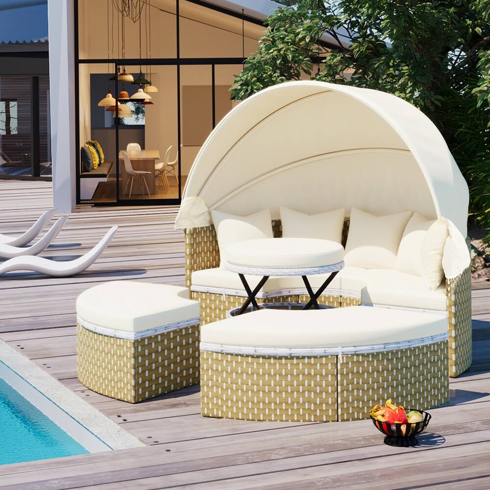 Round Patio Sectional Rattan Daybed with Retractable Canopy,Two-Tone Weave,Separate Seating and Removable Cushion