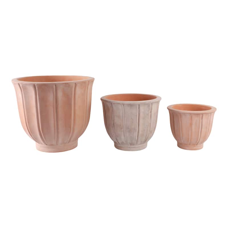 Pottery Clay Planters with Petal Ribbed Detailing (Set of 3) - 15" x 15" x 13" - Red/ Orange