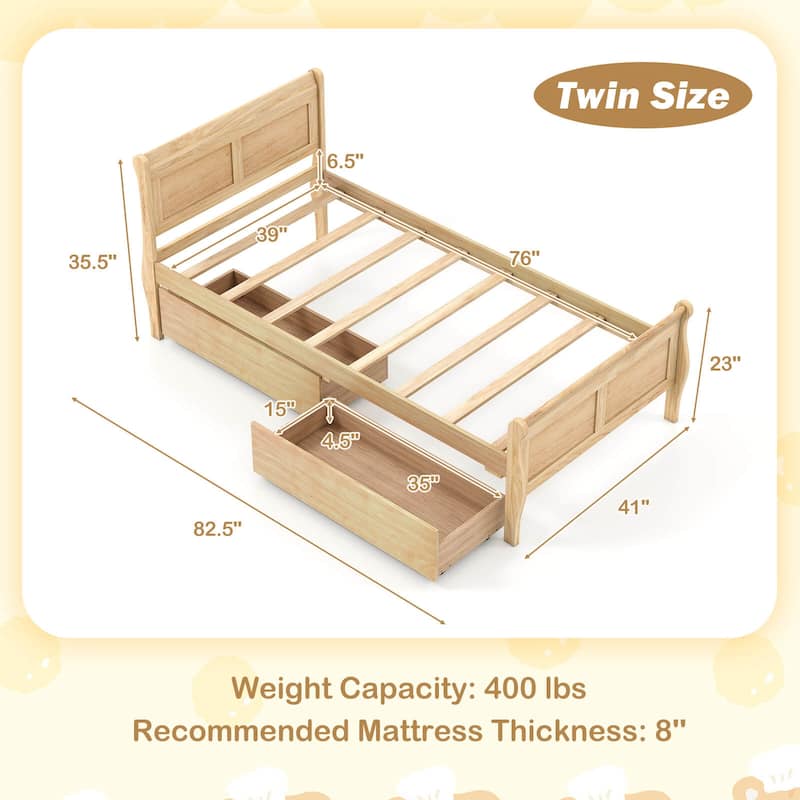 Costway Twin Size Bed Frame with 2 Storage Drawers Wood Platform Bed