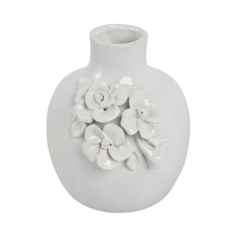 Ceramic Decorative Vase 3D Floral Detail Glossy Finish - 6" White