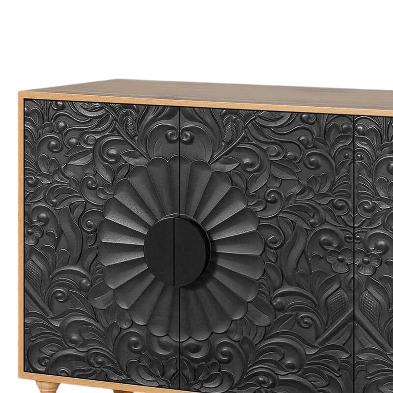 HomeRoots 68" Natural and Black Distressed Carved Floral Sideboard with Four Doors - 68.11' X '32' X '15.75