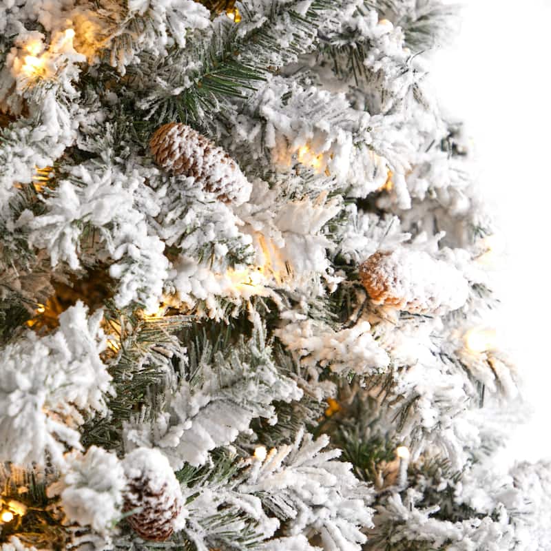 9' Pre-Lit Flocked White River Mountain Artificial Christmas Tree, Clear LED Lights - 9 Foot