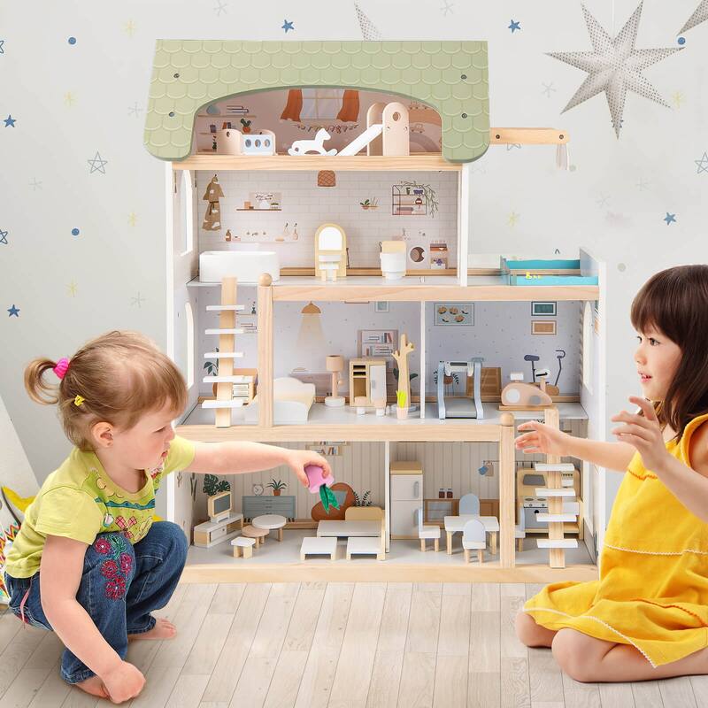 Costway Kids Wooden Dollhouse 4-Story Modern Doll House with 33Pcs - as pic shows - See Details