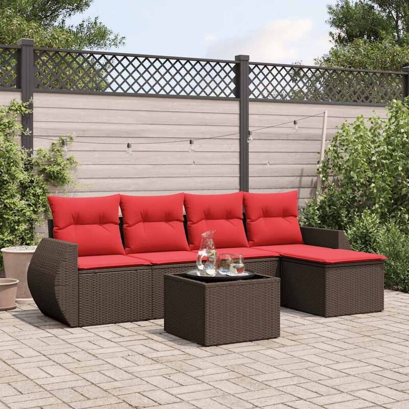vidaXL Patio Sofa Set with Cushions Outdoor Conversation Furniture Poly Rattan - 21.7 x 24.4 x 27.2 - Brown and Red-With table
