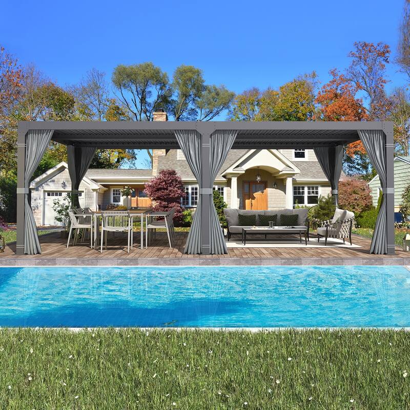 Outdoor Louvered Pergola, Outdoor Patio Hardtop Gazebo, Adjustable Metal Roof Curtains and Netting Included - 10' x 20' - Black