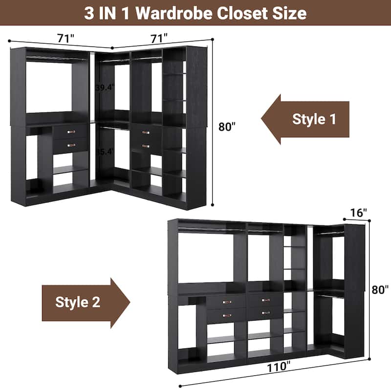 Rackcog 71'' - 110'' Set of 3 Freestanding Corner Closet Organizer, Reversible Wardrobe with Hanging Rods