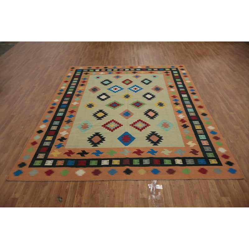 Hand Woven Oriental 100% Wool Carpet Southwestern Modern Green Kilim Area Rug - 10' 7'' X 8' 8''