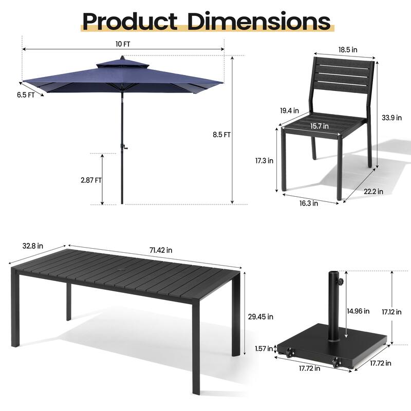 Set of 9 Outdoor Patio Dining Set WoodLike Aluminum Umbrella Hole Table with Stackable Chairs, Double Top Market Umbrella Set