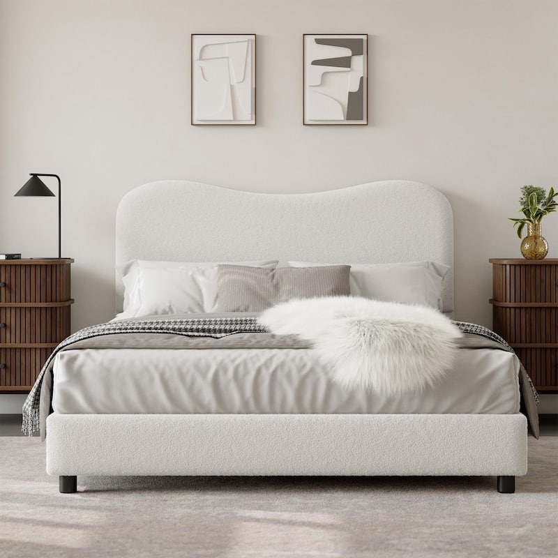 Low Profile Sturdy Platform Bed, with Velvet Upholstered Headboard, Strong Wooden Slats - Beige - Queen
