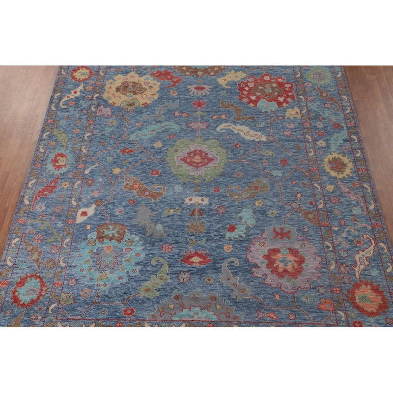 Geometric Blue Oushak Oriental Area Rug Handmade Wool Carpet - 8'9" x 11'10"
