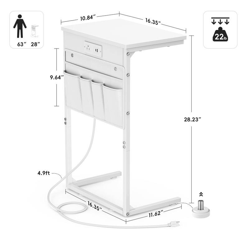 C Shaped End Table with Charging Station - 16.35"D x 10.84"W x 28.23"H
