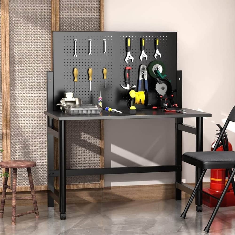 Heavy-Duty Wall-Mounted Workbench with Pegboard for Garage, Workshop - N/A
