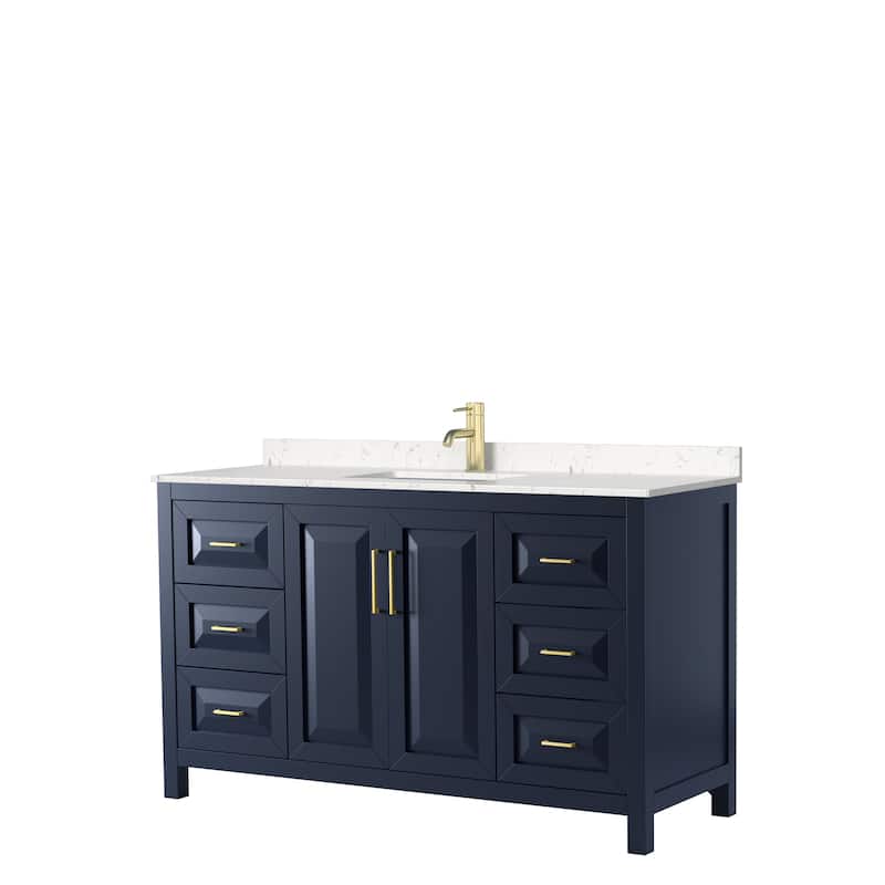 Daria 60 Inch Single Vanity, Cultured Marble Top - Dark Blue, Gold Trim, Carrara Cultured Marble Top