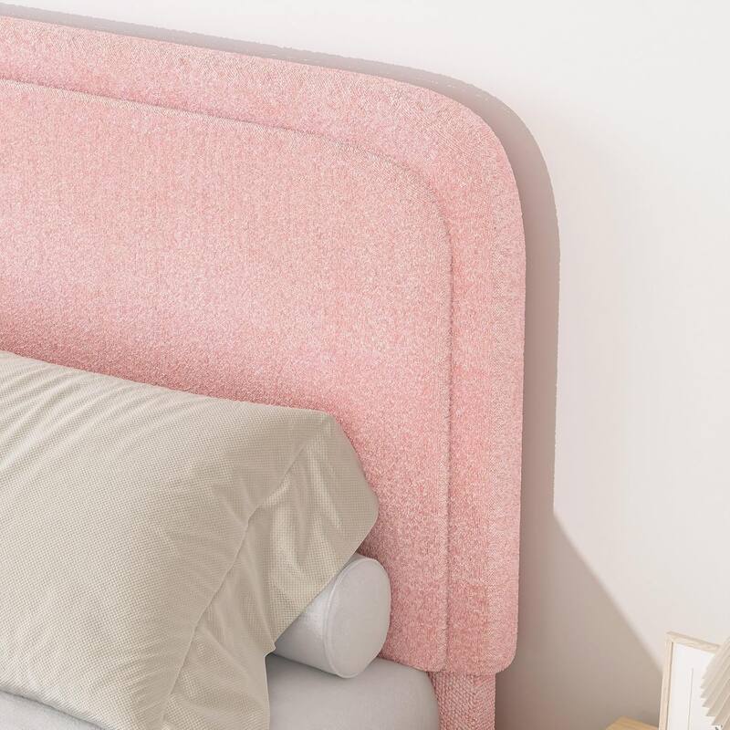 Pink Twin Size Upholstered Platform Bed Frame with Soft Boucle Fabric Headboard, Modern Minimalist Design, No Box Spring Needed