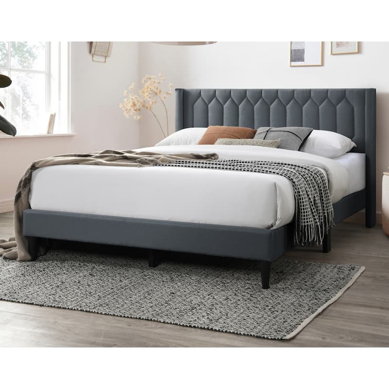 Queen Size Upholstered Platform Bed with Diamond Stitch Headboard and Modern Platform Design - Charcoal1