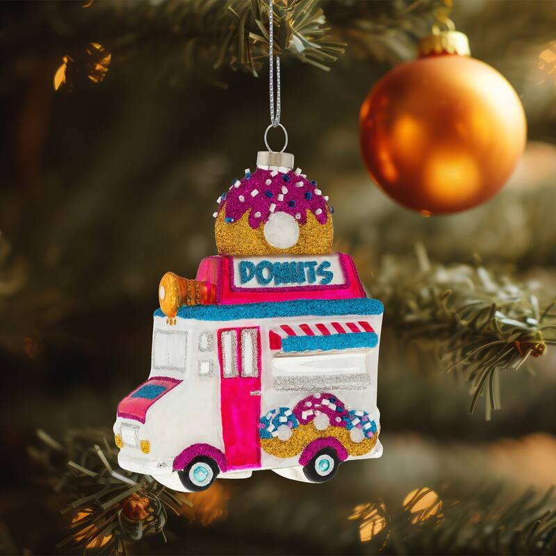 4.75" Gliitered Donut Truck Glass Christmas Ornament