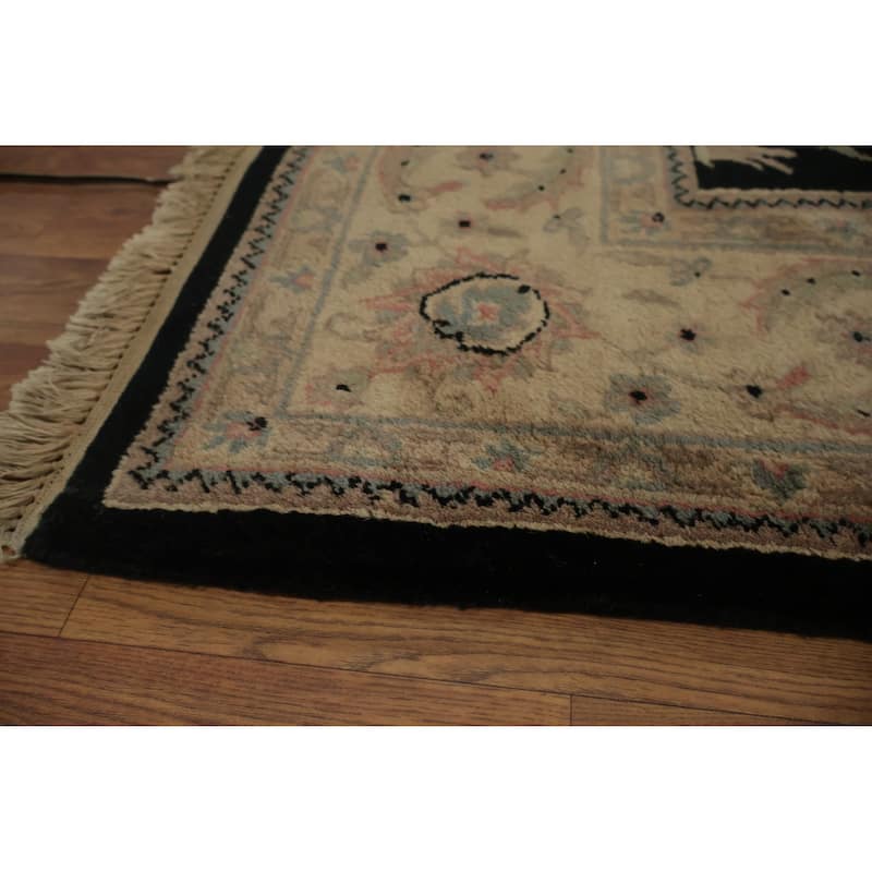 Hand Knotted Oriental 100% Wool Carpet Traditional Floral Black Agra Area Rug - 8' 7'' X 5' 9''