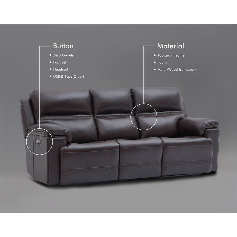 Genuine Leather Dual Power Sofa with Zero Gravity, Adjustable Headrest, Footrest, USB/Type-C