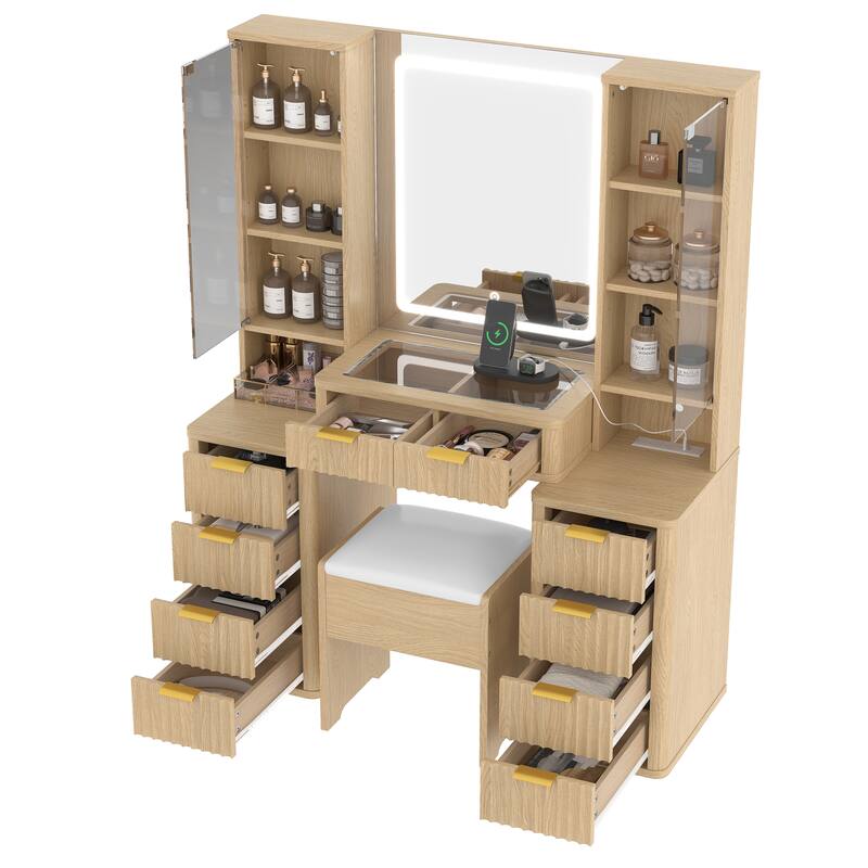 Roomfitters 43.5" Makeup Vanity with LED Lighted Mirror, Fluted Ribbed Drawers, Charging Station, 9 Drawers and Stool, Oak