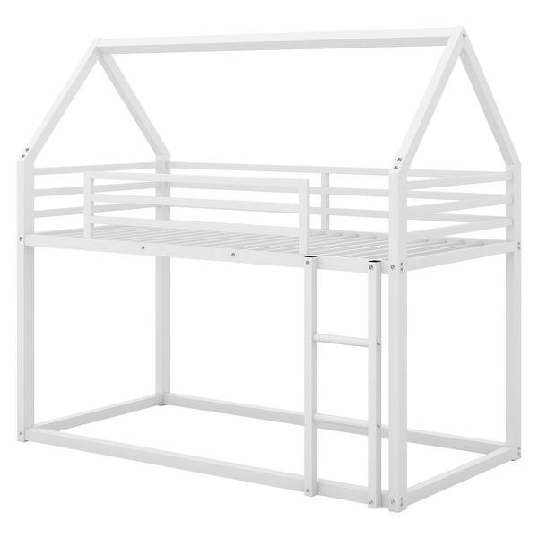 slide 2 of 13, Modern Twin Over Twin House Bunk Bed with Built-in Ladder, Space-Saving Metal Low Bunk Bed Frame for Kids Boys Girls, White White - Twin