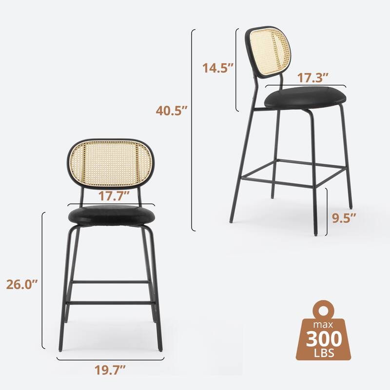 24 in. Rattan Counter Height Bar Stools with Faux Leather Seat (set of 2)