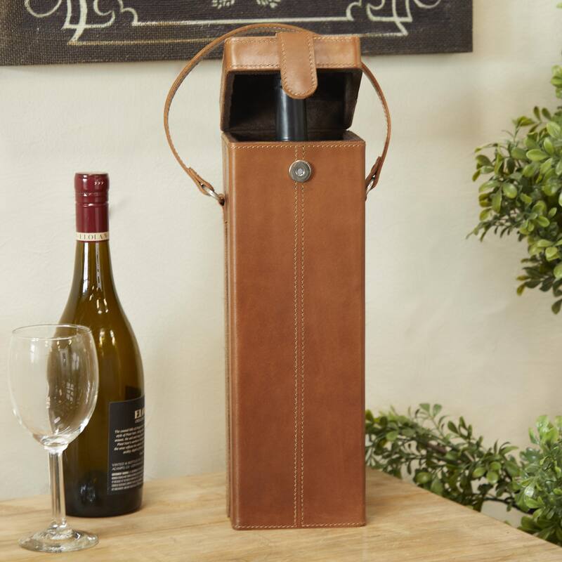 Leather Handmade Bottle Wine Holder with Carrying Handle - Dark Blue, Brown, Red - Roche River Decor