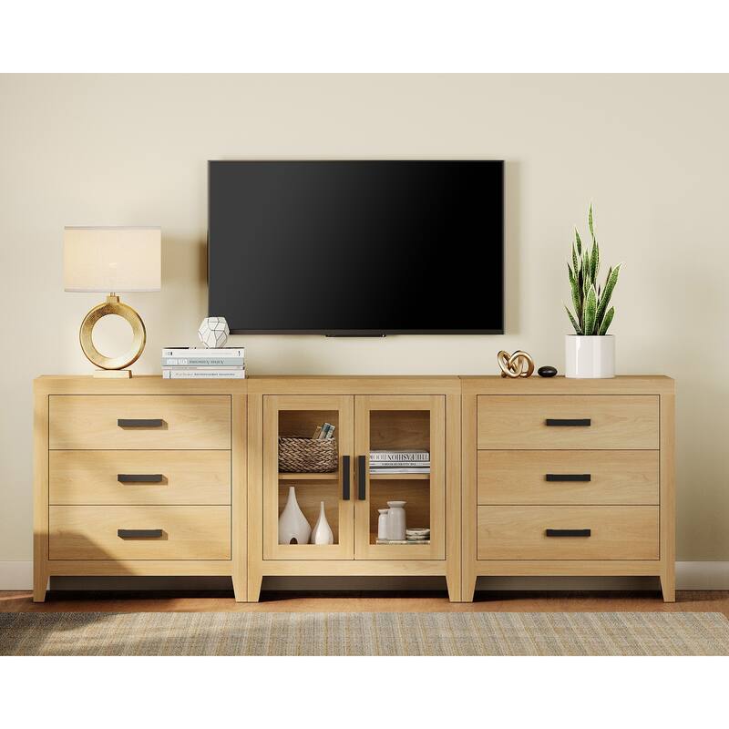 WAMPAT Farmhouse Buffet Cabinet with Glass Doors and Drawers, 3-Piece Modular Sideboard