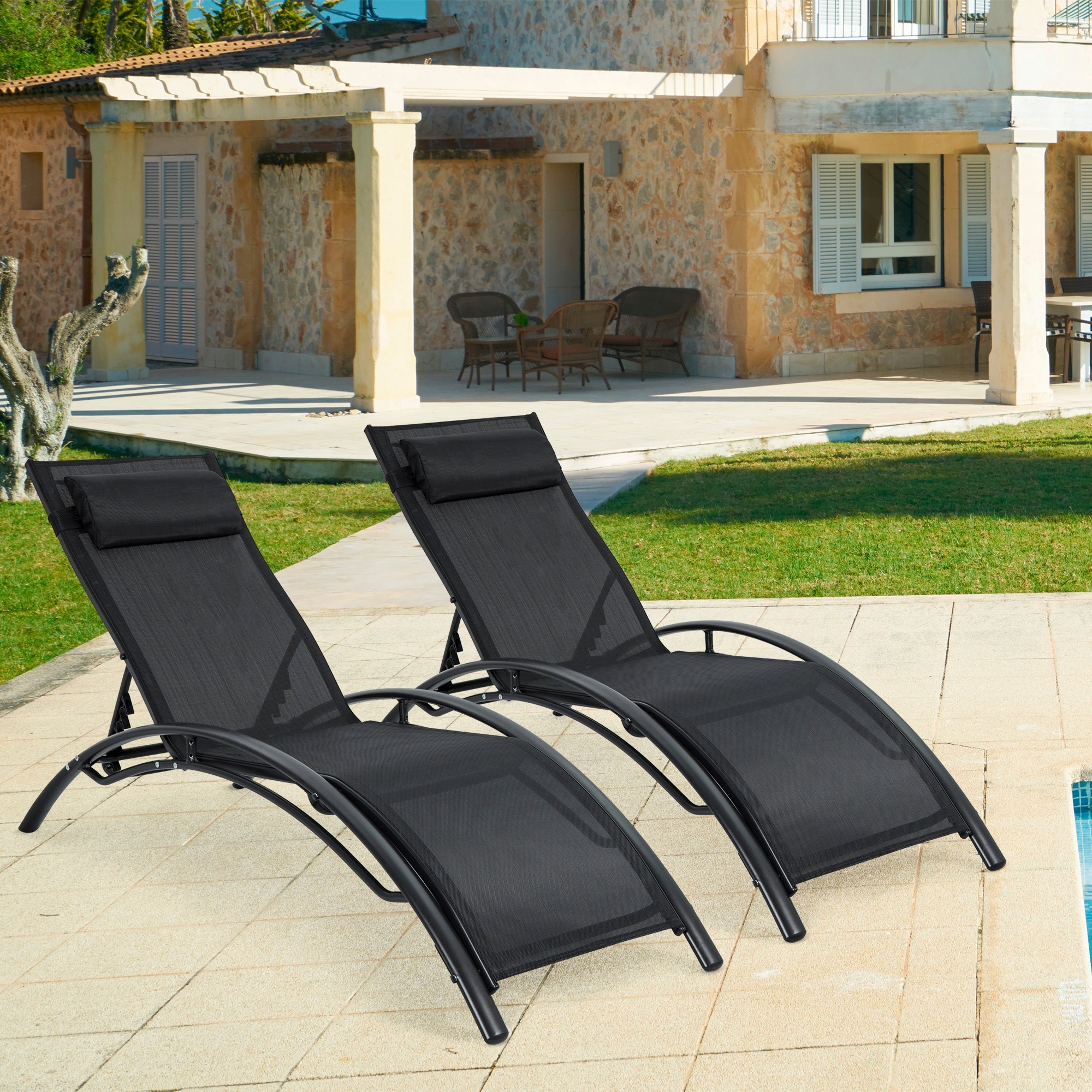 PE Rattan Wicker Adjustable Back Outdoor Chaise Lounge Set of 2 for Beach Pool Backyard Patio Chaise Lounge Chair Sets with Wheels Grey 