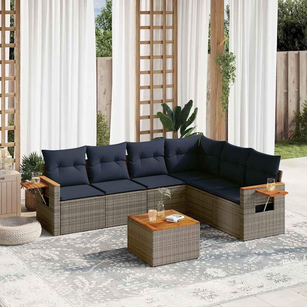 vidaXL 7 Piece Patio Sofa Set with Cushions Grey Poly Rattan (US only) - 101.2x33.5x79.5