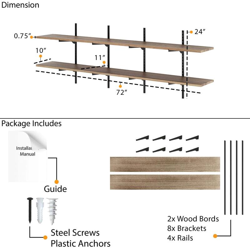 Wallniture Turin 72" Wall Mounted Shelves with Adjustable Brackets, Floating Shelves for Living Room & Office Decor, 2,3,4 Tier