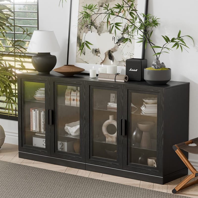 Large Sideboard Buffet Cabinet with 4 Glass Doors 2 Adjustable Shelves for Kitchen Living/Dinning Room Bedroom Entryway