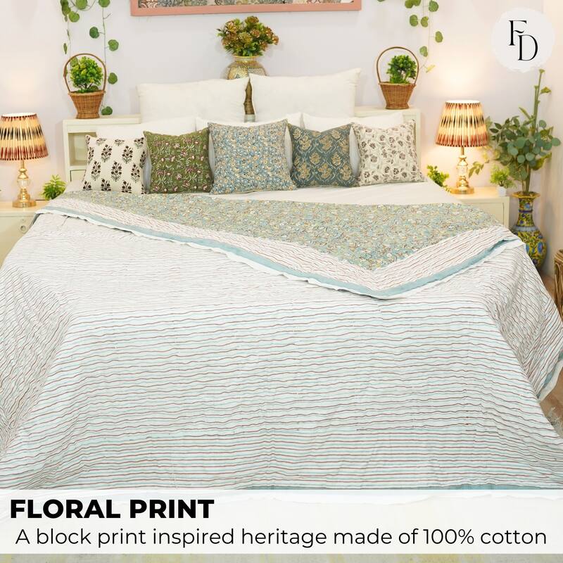 Fabdivine Cotton Quilt Hand Block Printed, Vegetable Dye Gray Floral, Eco-Friendly Reversible Bedspread, Natural Dye Bedding