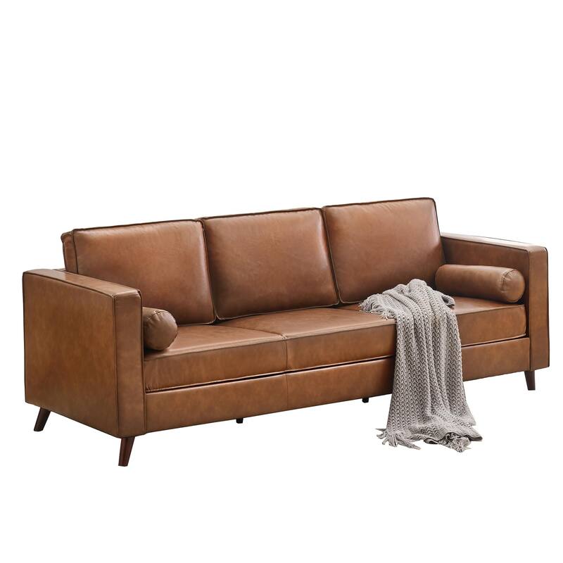 81" Leather Sofa, Mid Century Modern Deep Seat Couch, Upholstered Cushion&Removable Cover, Brown PU Couch