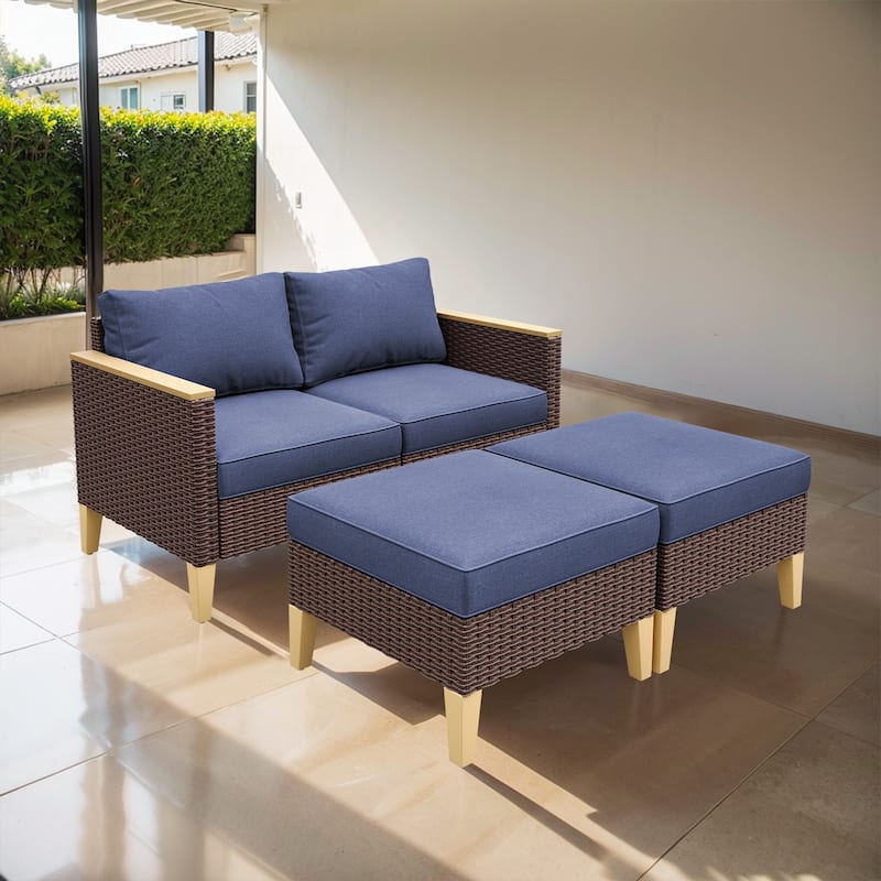 Gymojoy 3 Piece Patio Loveseat Sofa with Ottoman - Brown - Blue